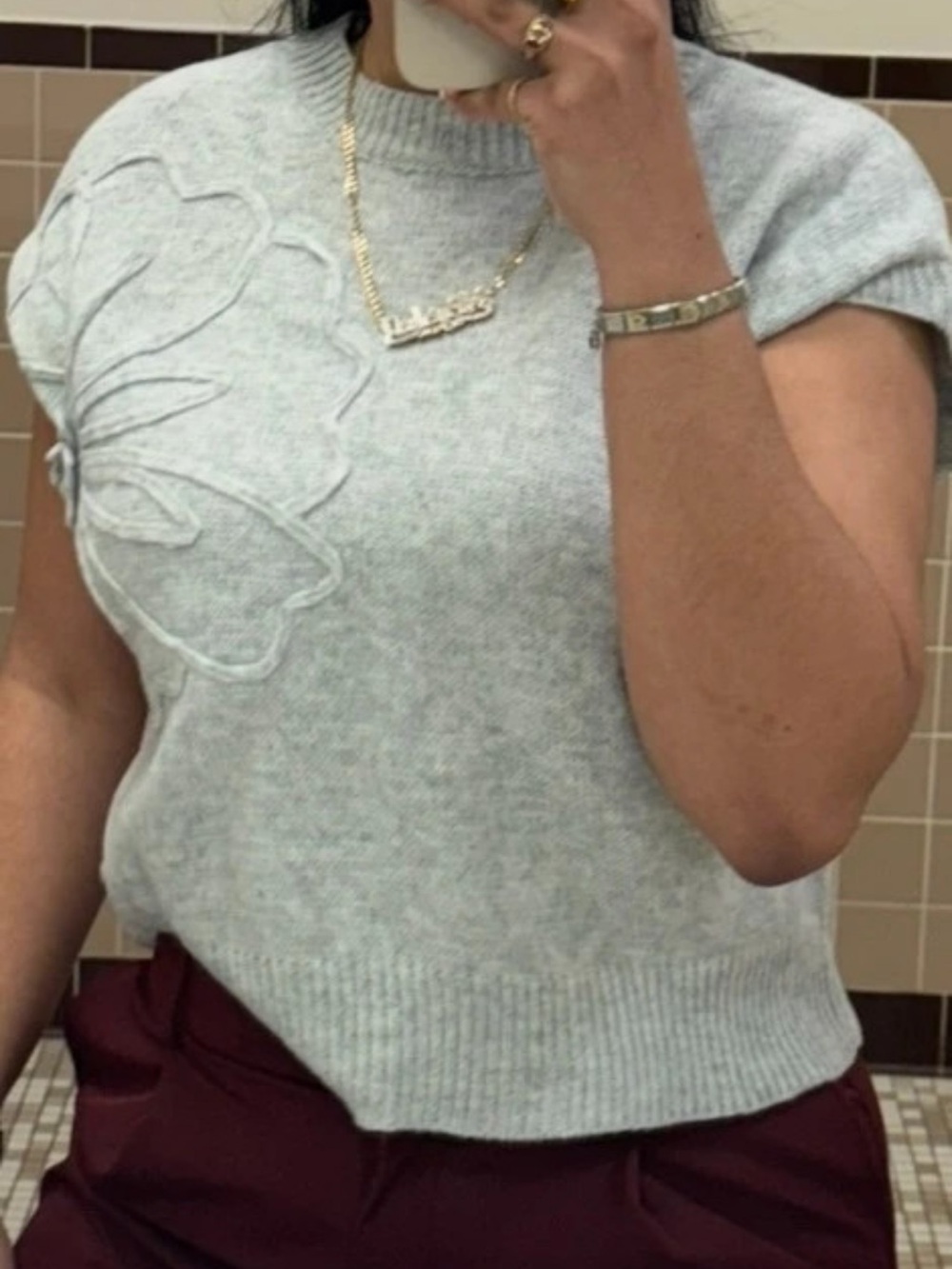 SHEIN Light Gray Floral Knit Cap-Sleeve Sweater